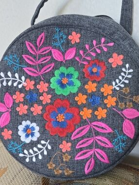 Round Embroidered Floral Crossbody Bag - Charcoal